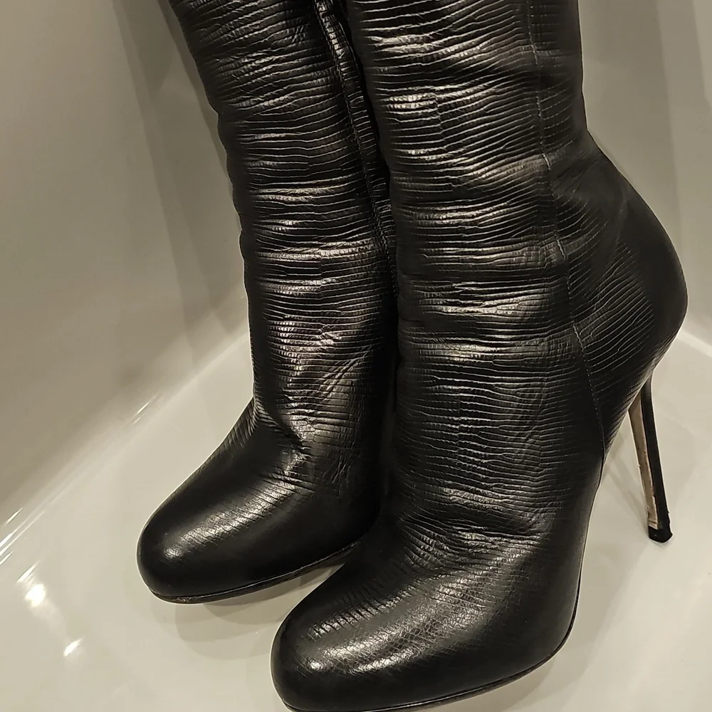 [Like New] Stunning SERGIO ROSSI Black Lizard Knee Boots Sexy (EU 37)